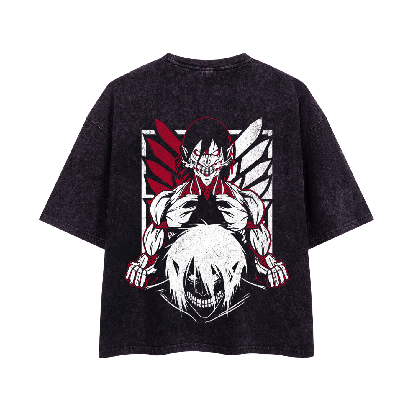 A black mineral-wash short-sleeve t-shirt featuring a large graphic print of the anime character Killua on the front, set against a plain white background.