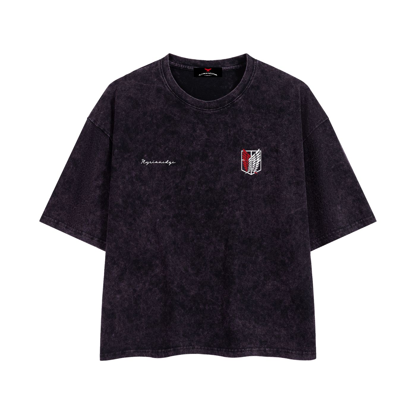 A black acid-wash short-sleeve t-shirt with a small white embroidered logo on the left chest and a red and white shield emblem on the right chest, displayed against a solid white background.