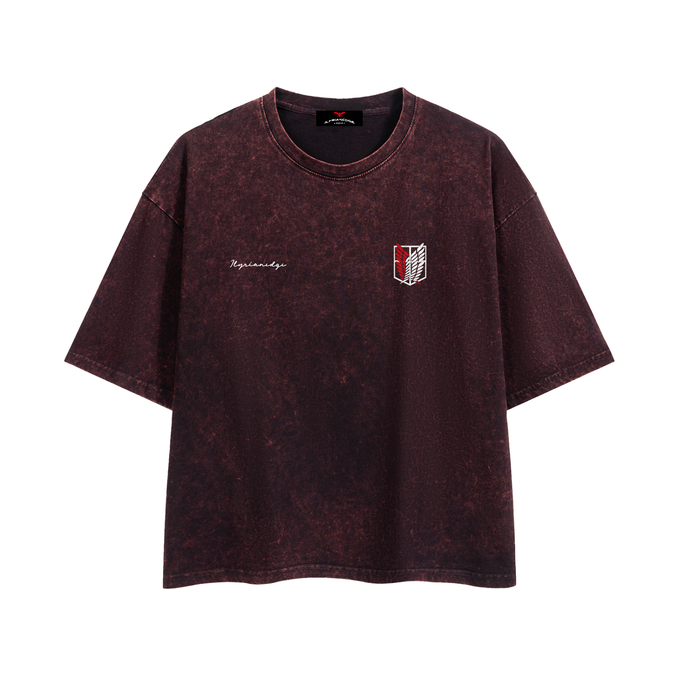 A dark maroon acid-wash t-shirt with a small white embroidered logo on the left chest and a red and white shield emblem on the right chest, displayed on a solid white background.