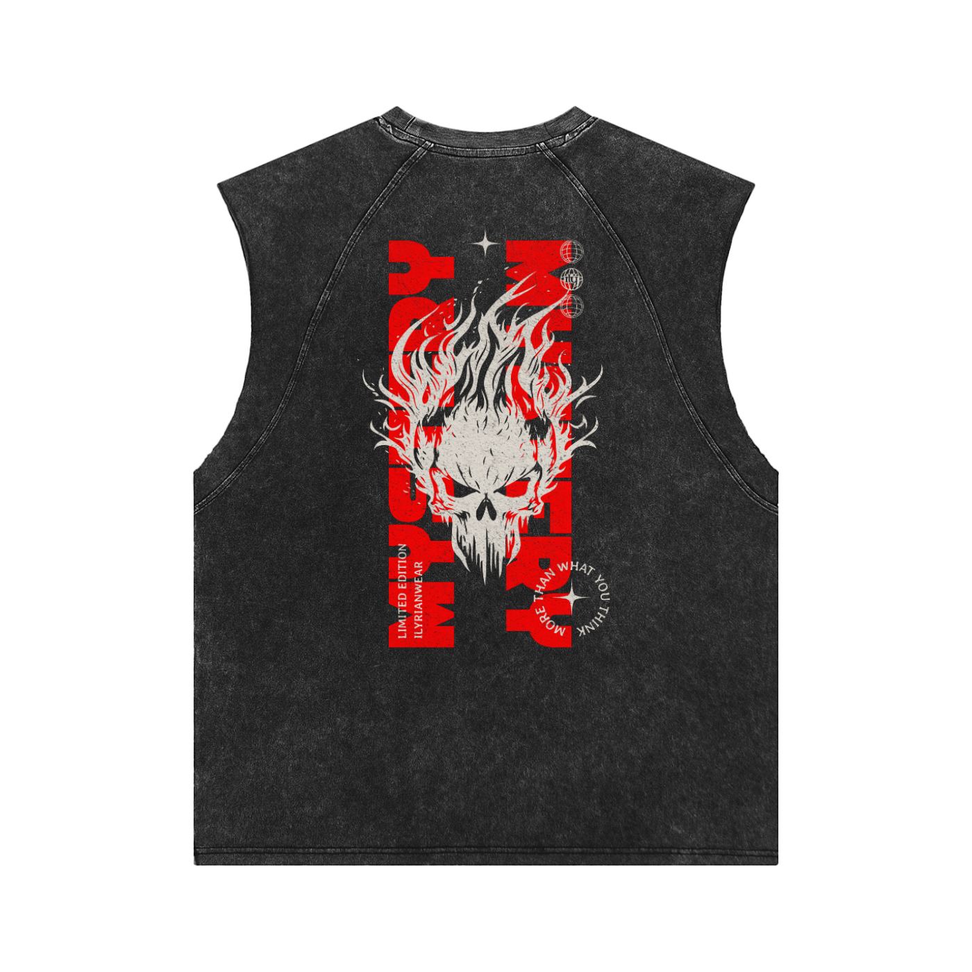 Black sleeveless shirt with a red and white graphic design on a white background