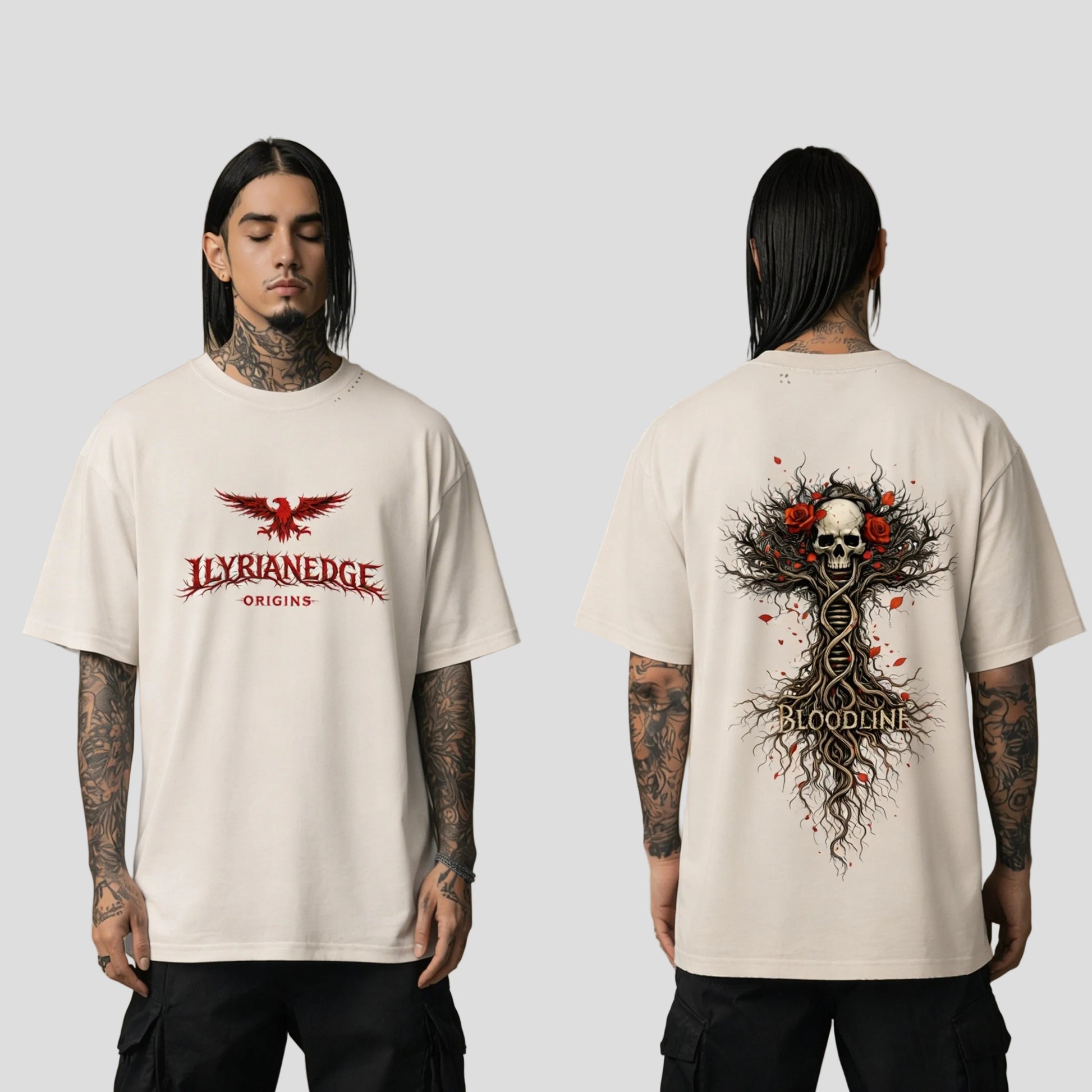 Person wearing a white t-shirt with 'Ilyrianedge Origins' logo on the front and intricate design on the back, against a beige background.