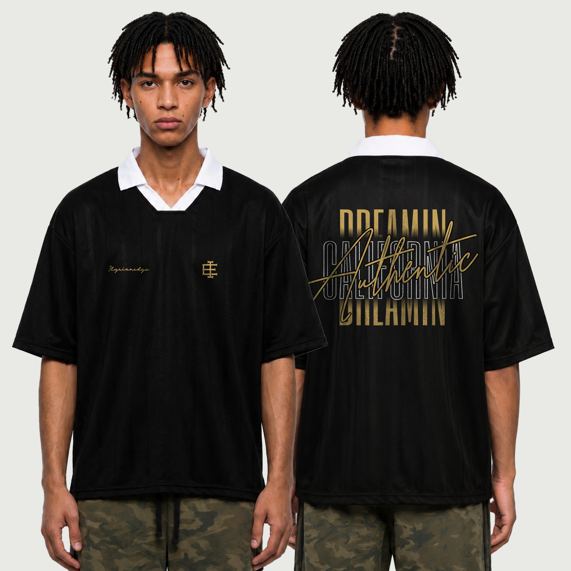 Black t-shirt with gold text worn by a model on a white background