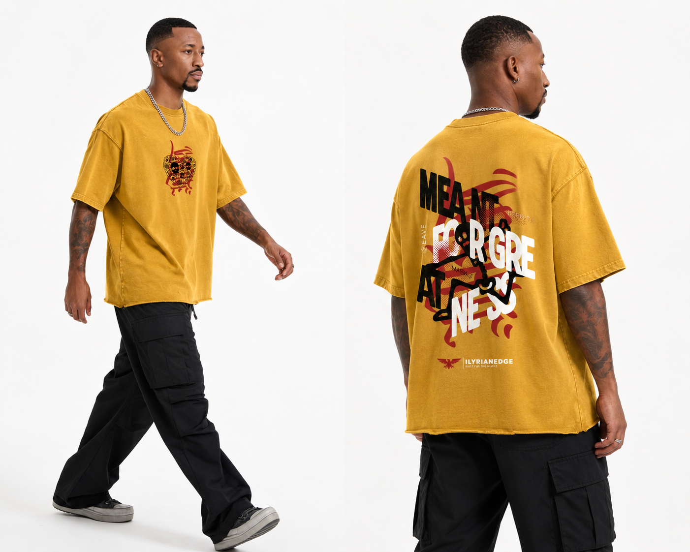 Man wearing a yellow t-shirt with graphic design on front and back, walking against a white background.