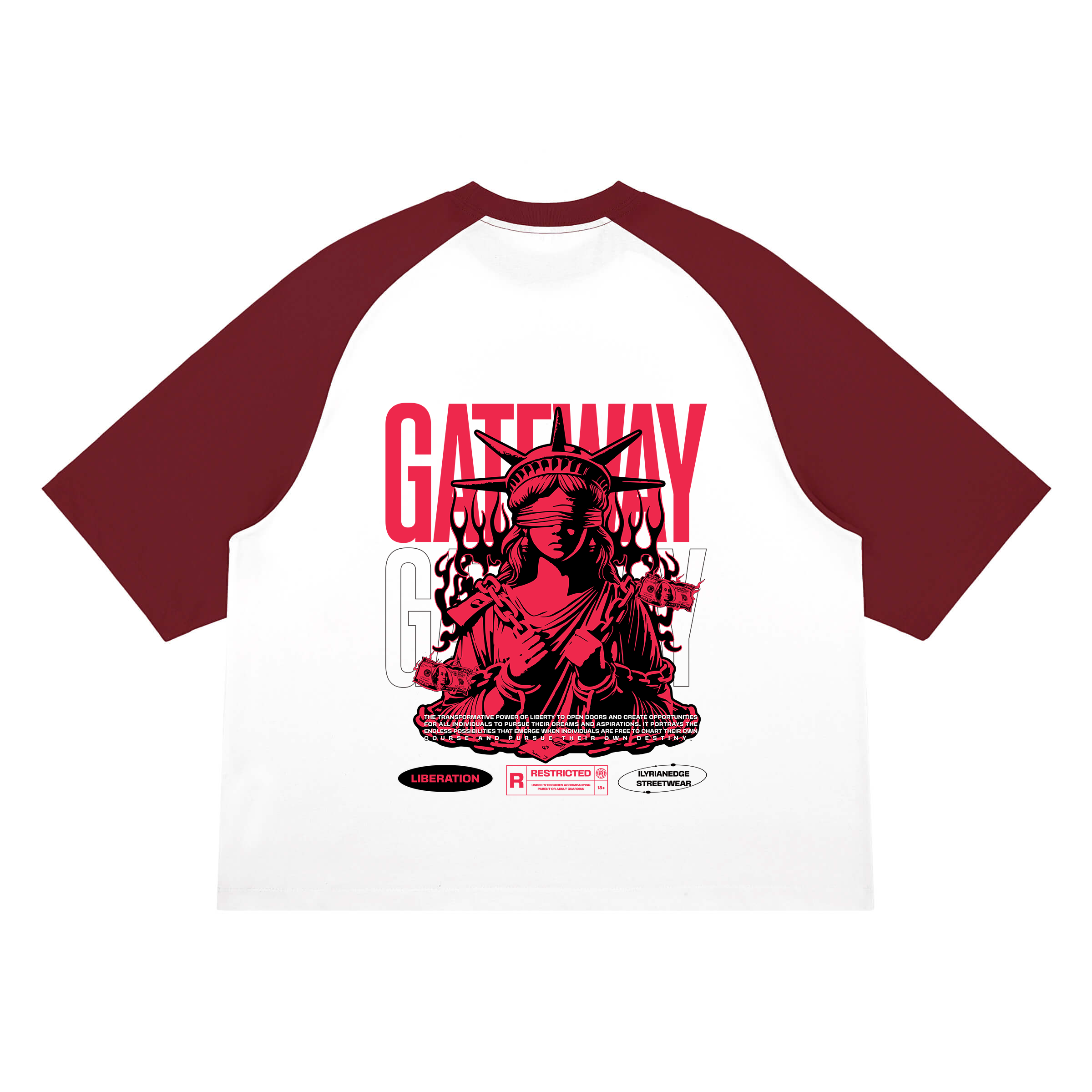 White and red baseball shirt with graphic design and text on a white background
