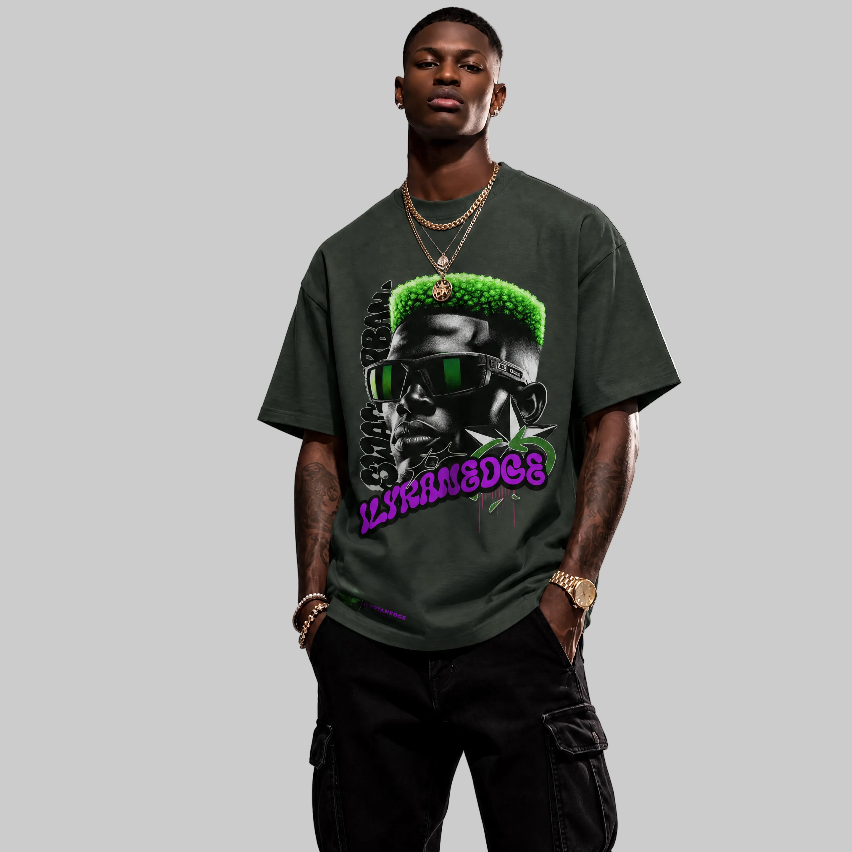 Person wearing a dark green t-shirt with a graphic design on a white background