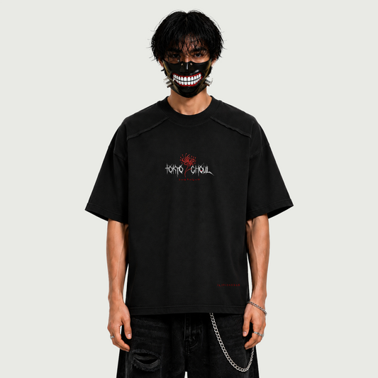 A model wearing a black short-sleeve t-shirt with a stylized 'HONOR OR CHILL' graphic on the chest, paired with a matching black face mask and dark jeans, set against a solid light gray background.