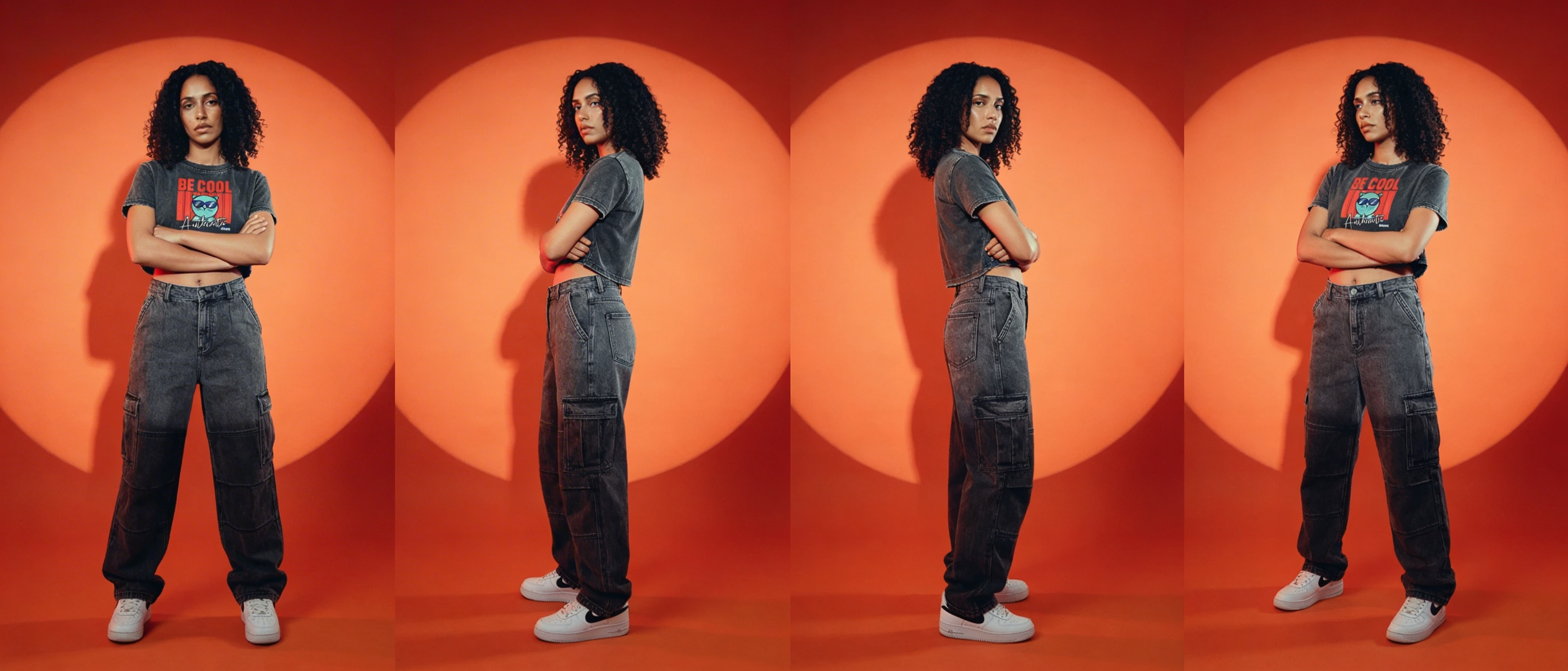 Collage of a person posing against an orange background with circular patterns.