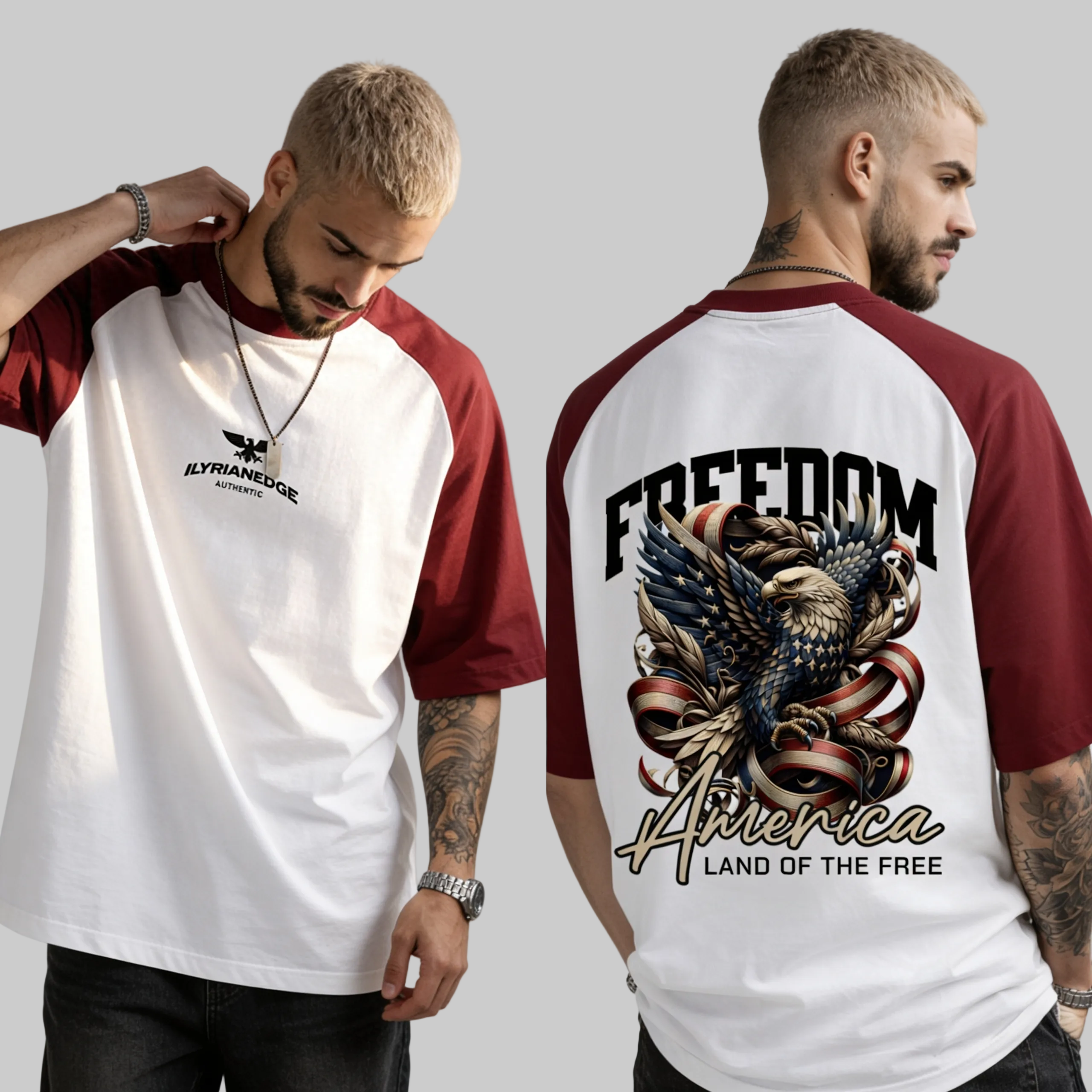 Man wearing a white and red baseball shirt with 'Freedom America' design on a plain background
