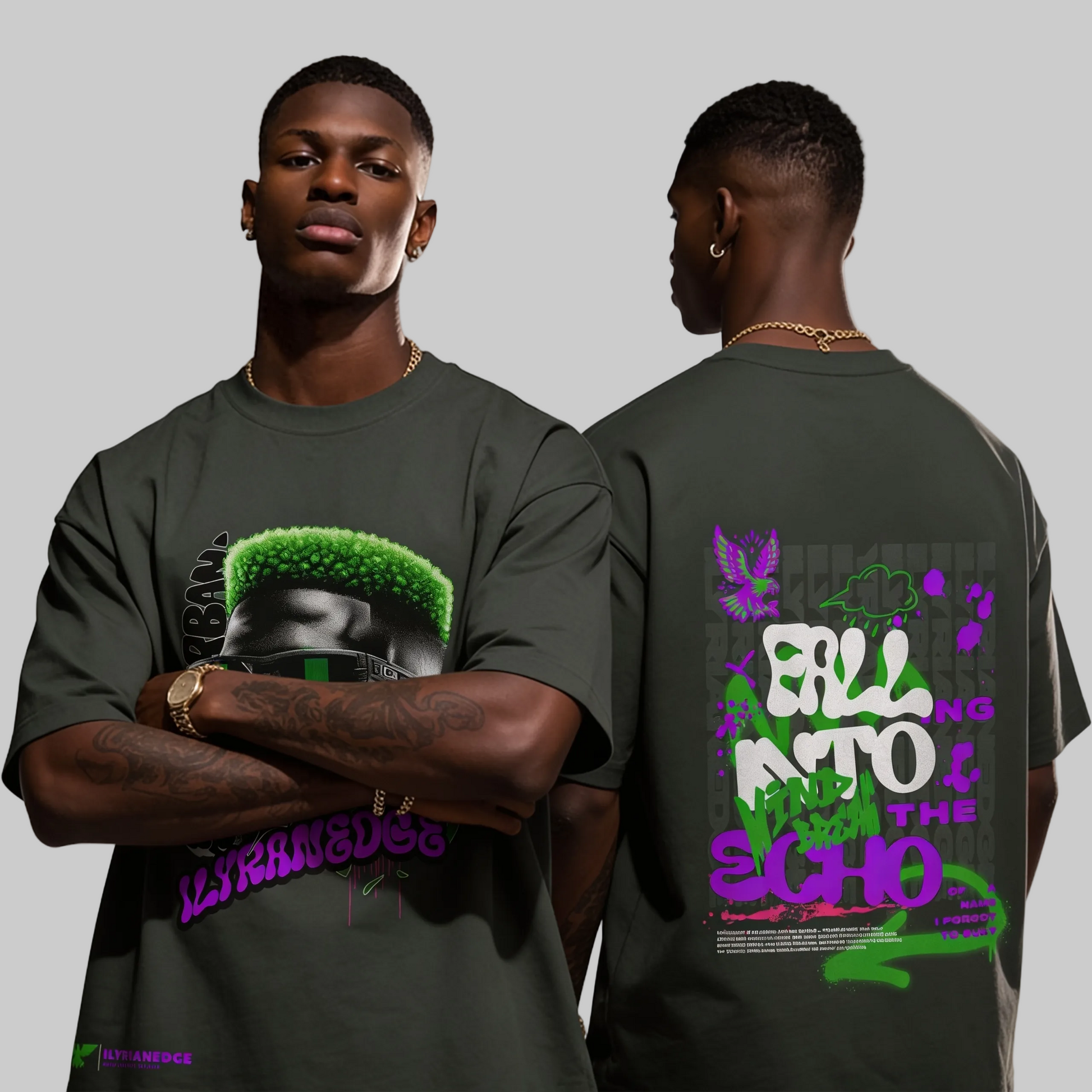 Man wearing a dark green t-shirt with graphic designs on front and back, standing against a white background.