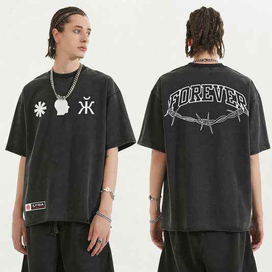 Black t-shirt with symbols on front and 'FOREVER' text with barbed wire design on back, worn by a person.