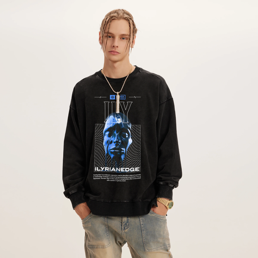 Person wearing a black sweatshirt with graphic design on a plain background