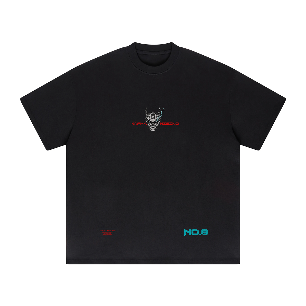A black short-sleeve crewneck t-shirt with a small graphic on the left chest featuring a gray wolf head and red text reading 'HARPOON HONOR'. The bottom of the shirt features small red and teal text details, with 'NO.