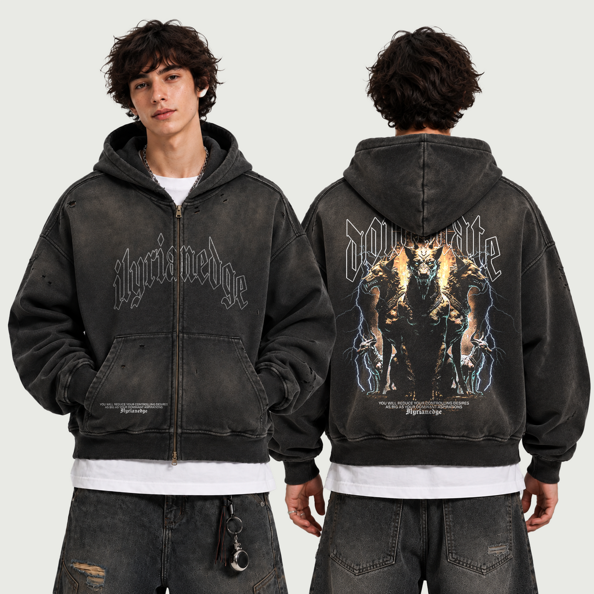 Wrath of the Gods | 440GSM Distressed Full-Zip Hoodie | ILYRIANEDGE