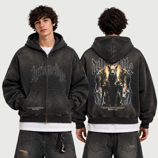 Wrath of the Gods | 440GSM Distressed Full-Zip Hoodie | ILYRIANEDGE