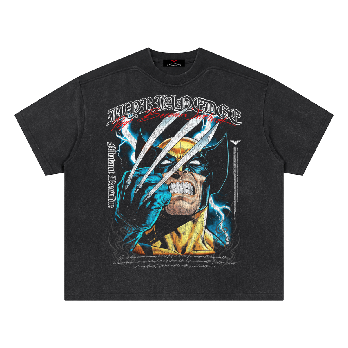A black graphic t-shirt featuring Wolverine with claws extended, set against a plain white background.