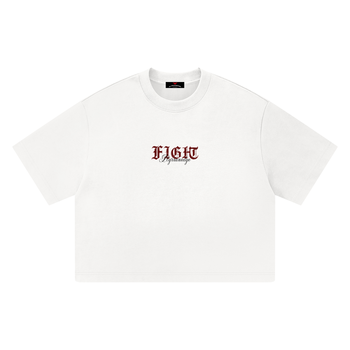 A white short-sleeve crop top t-shirt with 'FIGHT' printed in a dark red gothic font and 'Defiance' in a black script font on the chest, displayed on a clean white background.