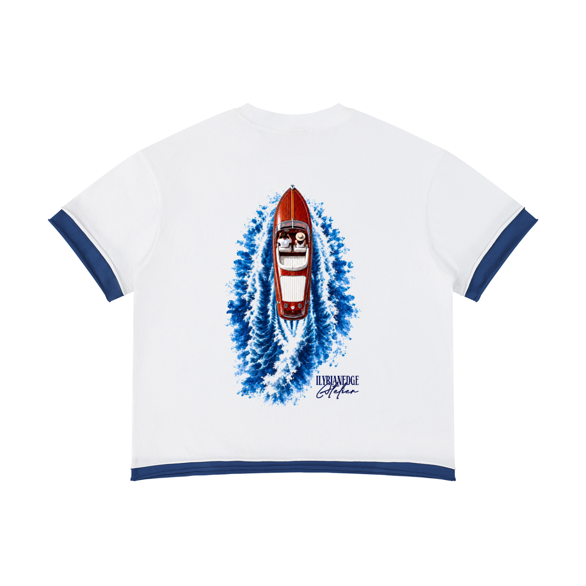 White ringer t-shirt with navy blue sleeve and hem trim, featuring a central graphic of a red speedboat with a skull and crossbones on a blue water splash, with 'BURNING AHEAD' printed below.