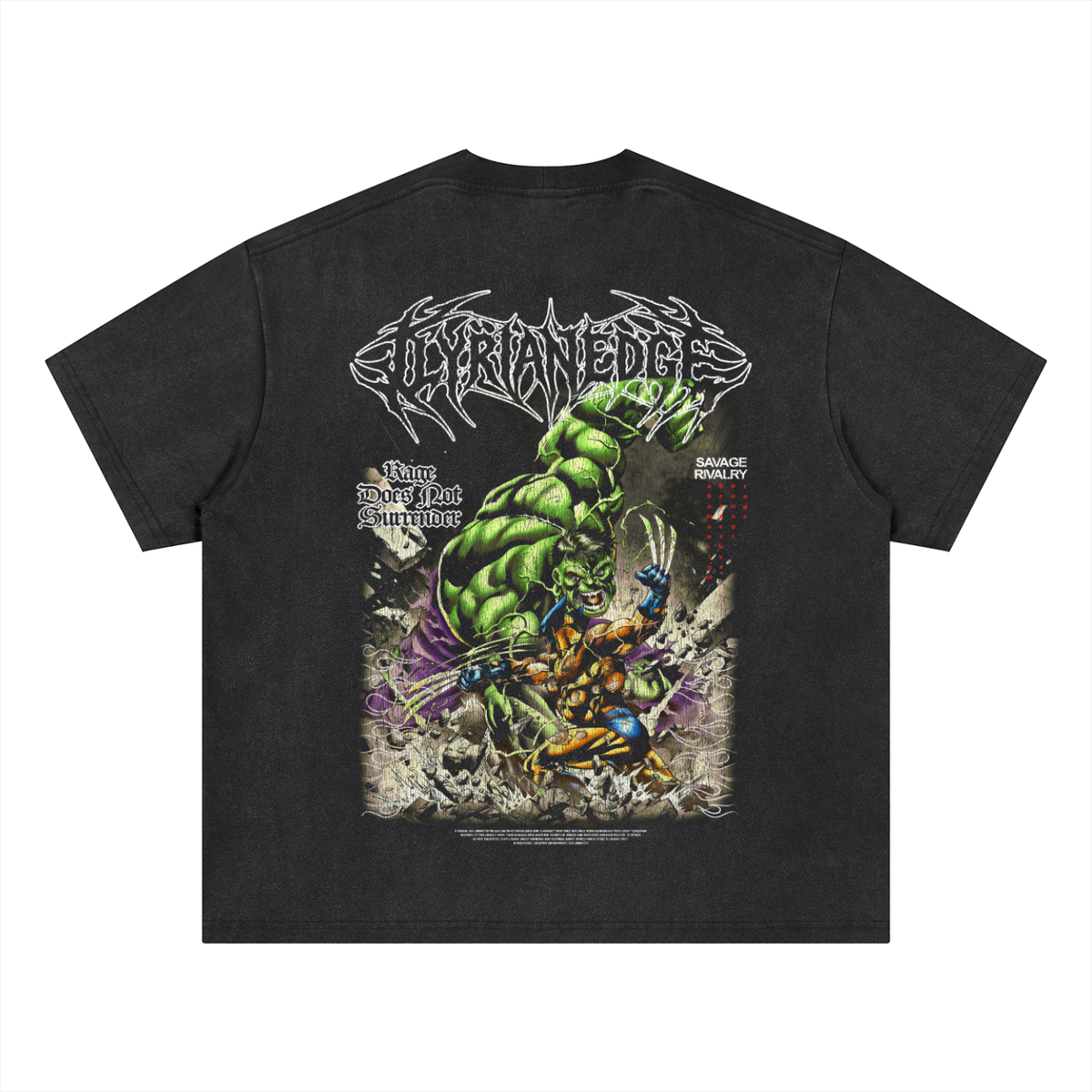 A black short-sleeve t-shirt shown from the back, featuring a large graphic print of a green muscular character fighting a Wolverine-like figure, with stylized text reading 'SOXRIANEDGE' and 'Wolverine Reversal'.