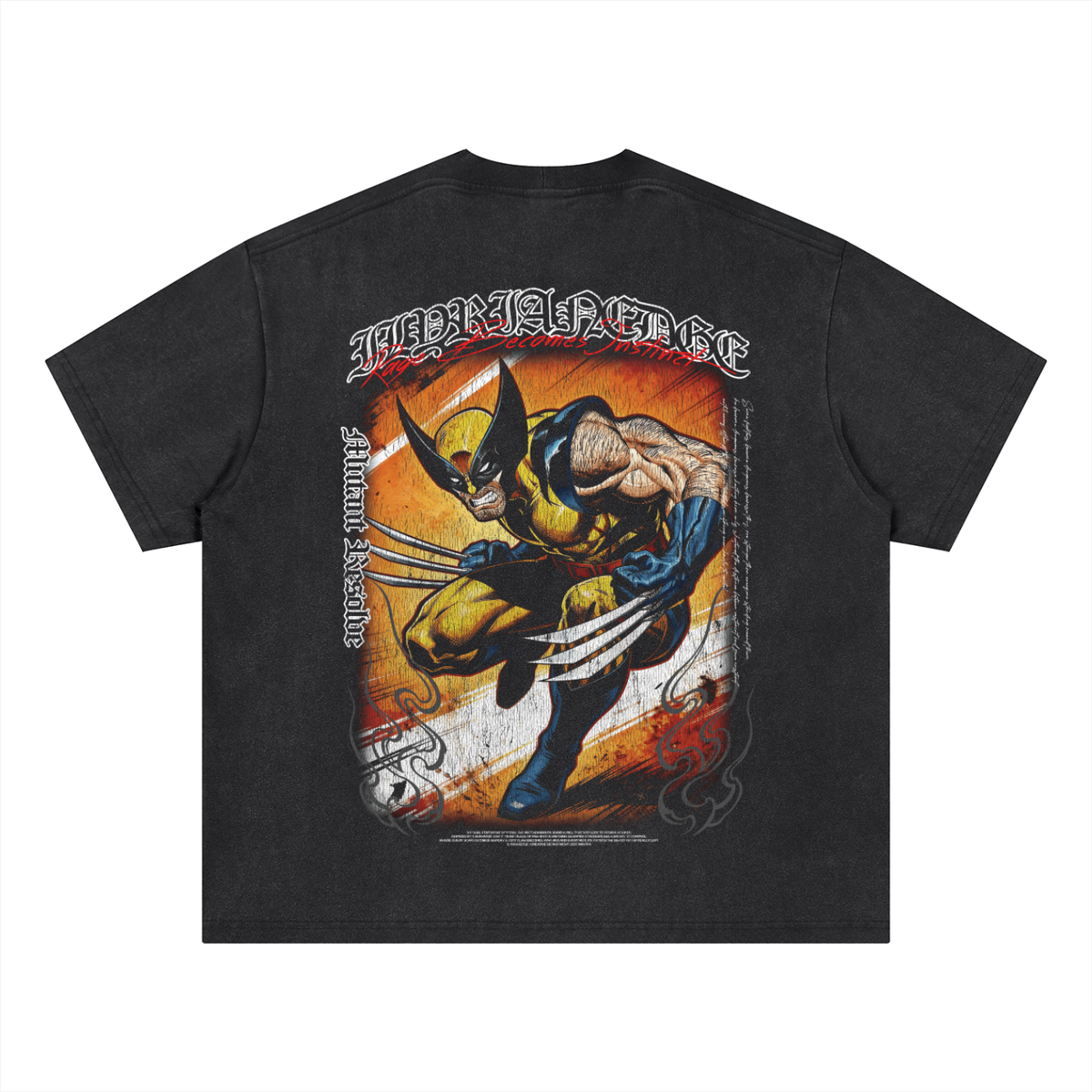 A black short-sleeve graphic T-shirt shown flat against a white background, featuring a large Wolverine print on the back with his claws extended and comic-style text.