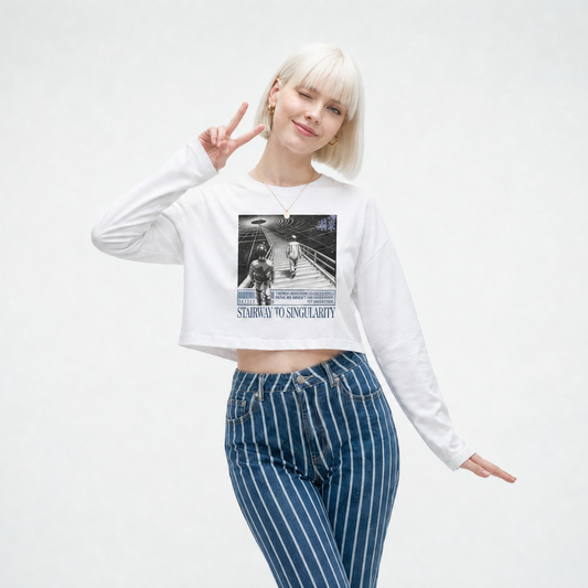 Person wearing a white cropped sweatshirt with graphic design and blue striped pants on a white background
