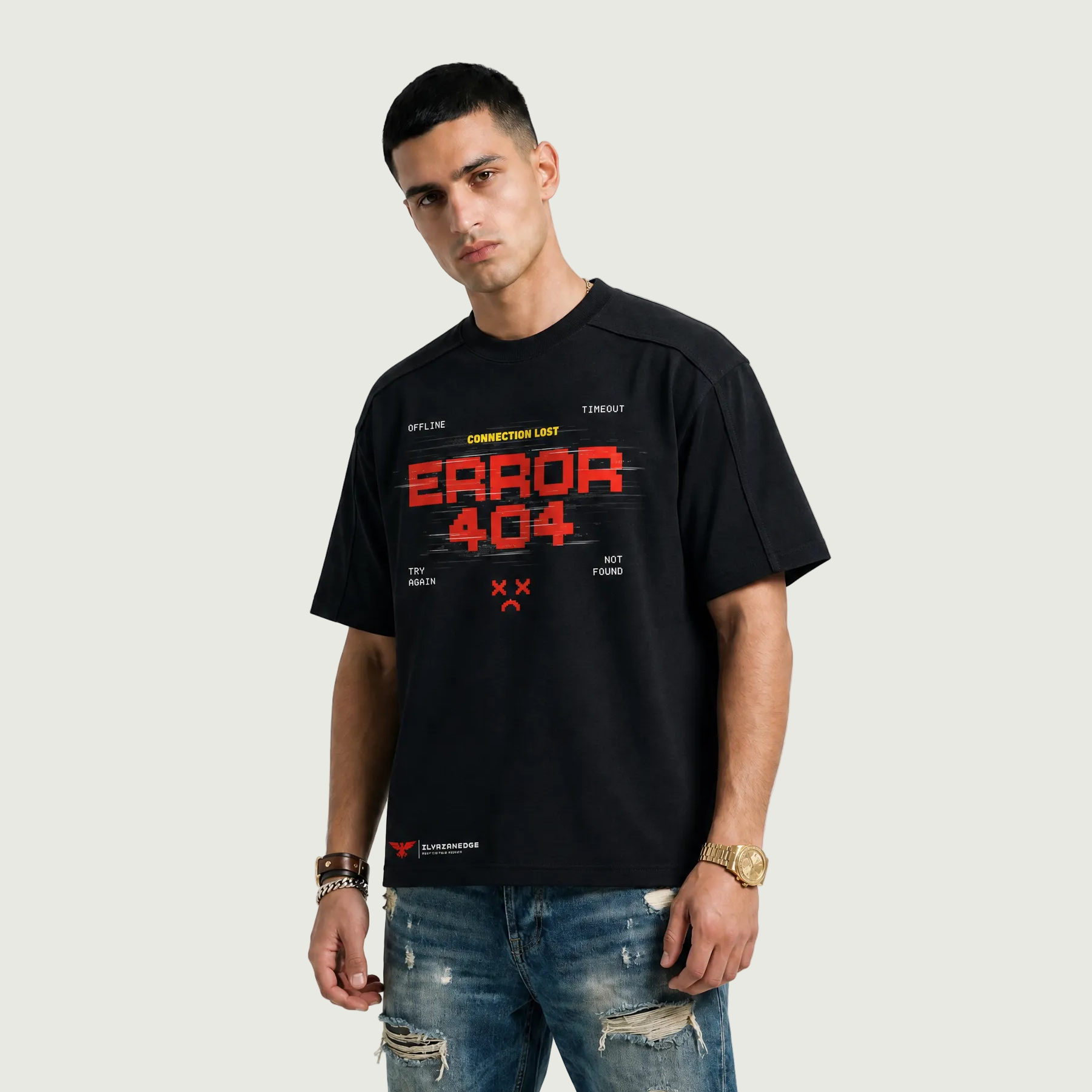 Man wearing a black t-shirt with 'ERROR 404' text on a white background